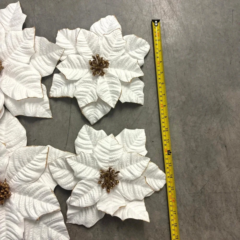 White Gold Poinsettia Christmas Ornaments Magnets Set of 4 Holiday Floral Decor